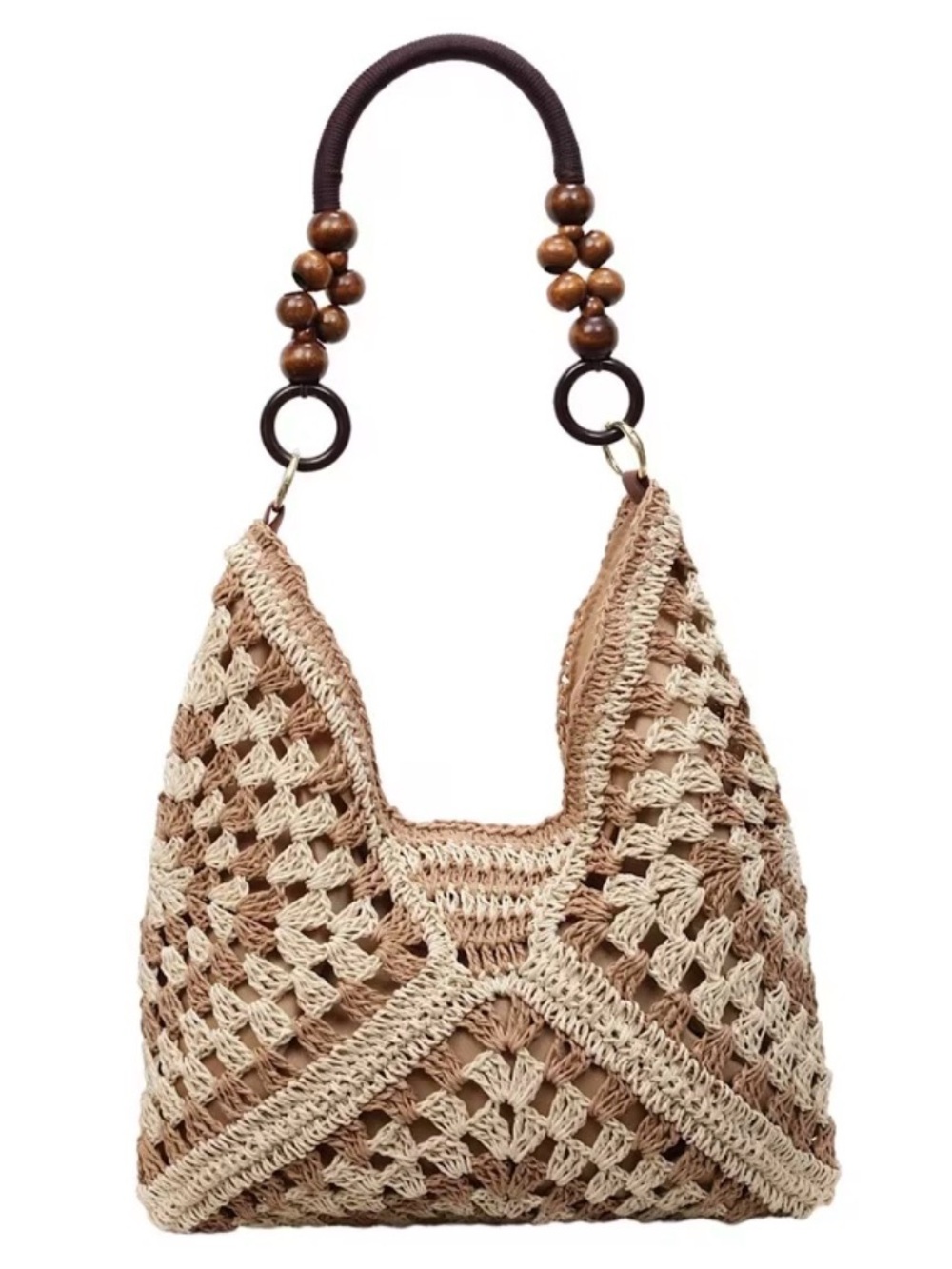Woven Crochet Tote Bag in Beige and Tan